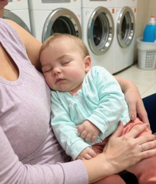 Tired mother with baby at laundromat receives unexpected act of kindness