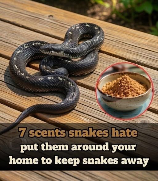 Garlic, vinegar, cinnamon oil, and citronella displayed as natural remedies used to discourage snakes outdoors.