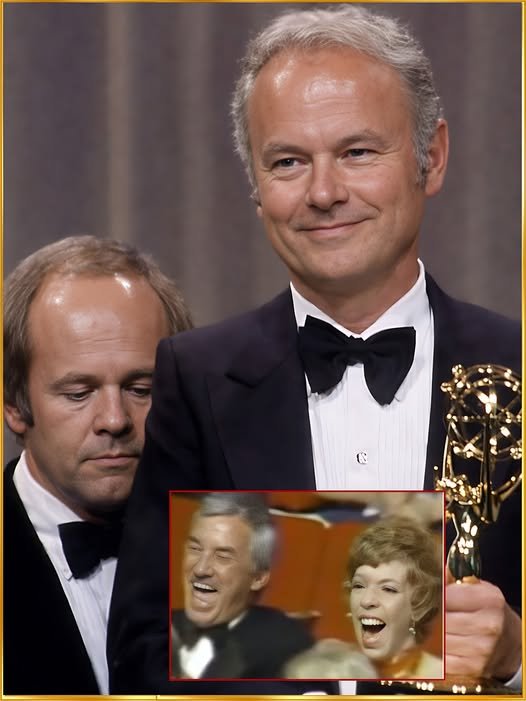 Tim Conway stands at a podium, his expression serious, as Harvey Korman beside him dissolves into laughter, his face red and eyes watering, during their iconic Emmy moment.