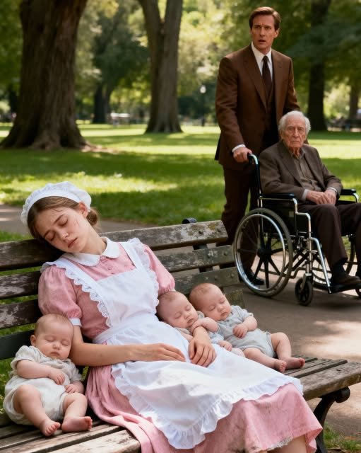 A woman in a worn uniform sitting on a park bench with three infants while a concerned man and elderly father approach in a city square.