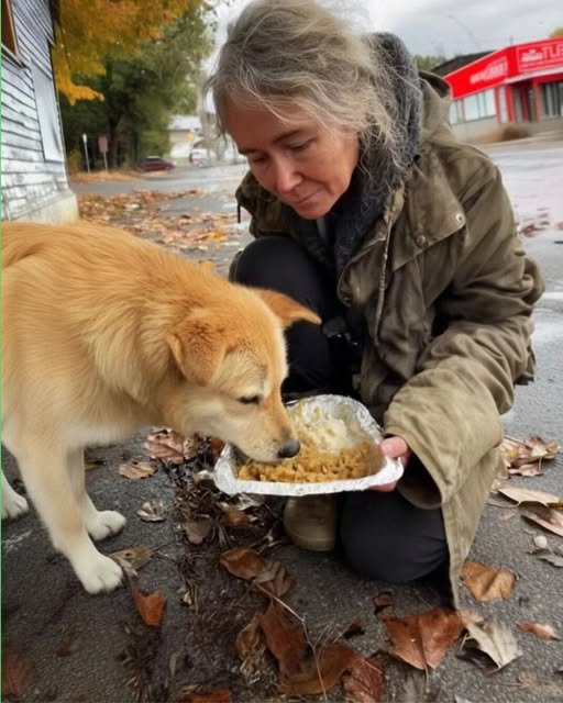 Volunteer at a soup kitchen handing food to a woman in a worn coat who later feeds a dog waiting outside the building.