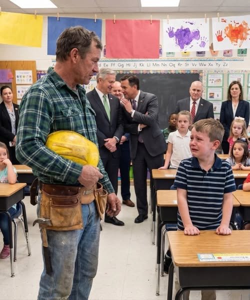 Older man wearing a worn toolbelt speaking to a classroom while students listen quietly, representing respect for hardworking tradespeople.