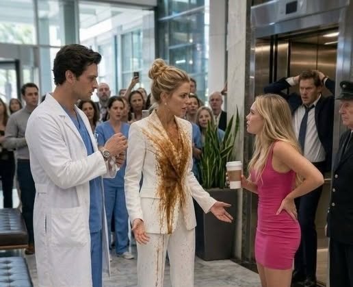 Hospital chairwoman confronting executives in a hospital lobby as a corporate fraud investigation unfolds.