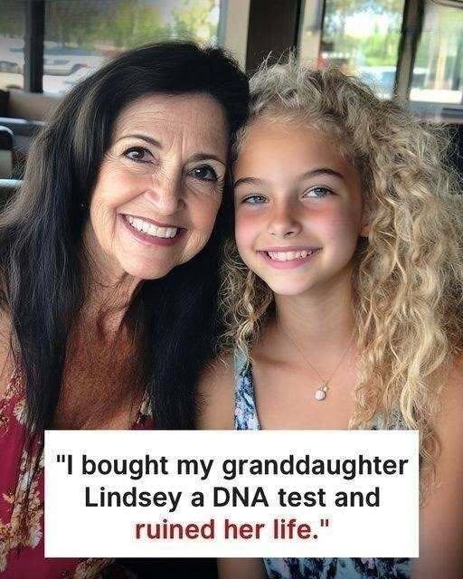 "A granddaughter with curly blonde hair standing next to her dark-haired siblings, symbolizing the mystery that led to a DNA test."