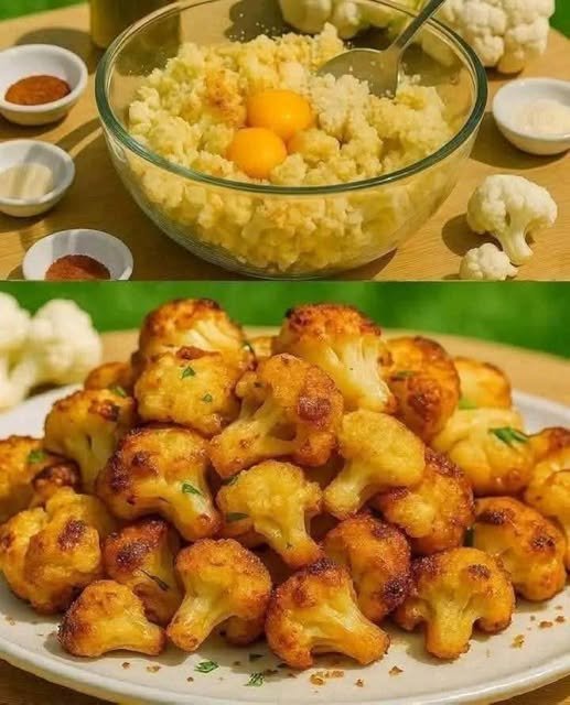 Golden crispy roasted cauliflower florets on a baking tray fresh from the oven
