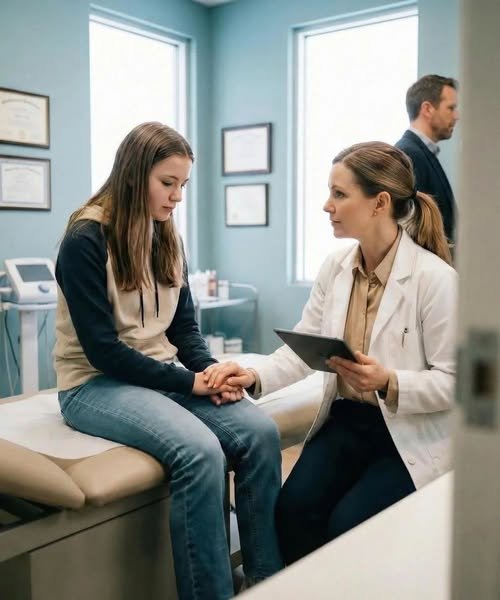 Mother holding her teenage daughter's hand during an emotional hospital visit