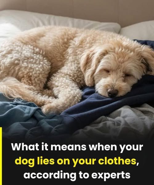 A dog curled up peacefully on a pile of clothes, its expression content and relaxed, as sunlight filters into the room.