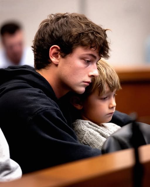 A young man sits at a kitchen table, his expression determined, as his younger brother plays with dinosaur stickers beside him, symbolizing their bond and resilience.