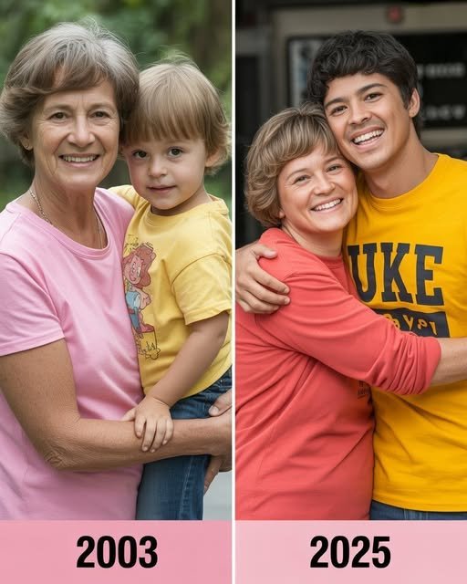 A grandmother and her grown grandson stand together in a warm, inviting home, their expressions a mix of strength and love, symbolizing the family they built together.