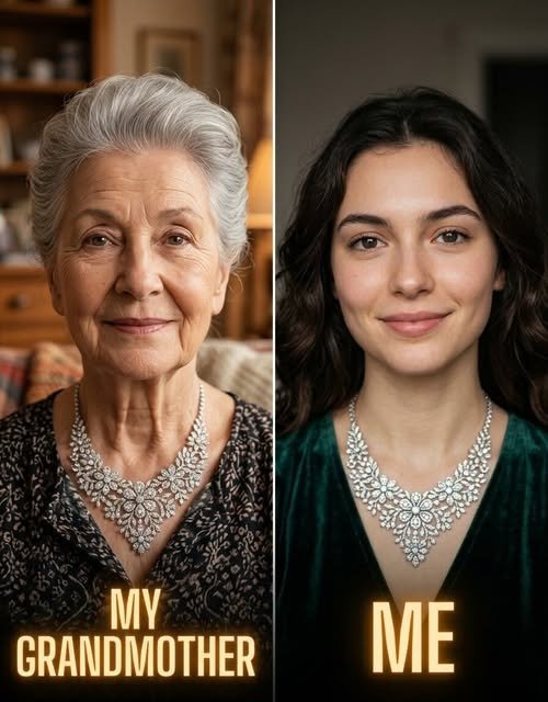 Woman holding an old family necklace in a pawn shop after learning a surprising truth about her biological family.
