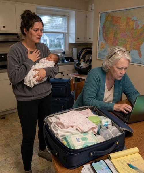 A woman stands in a dimly lit kitchen at dawn, holding her baby, her expression determined as she looks toward a new future.