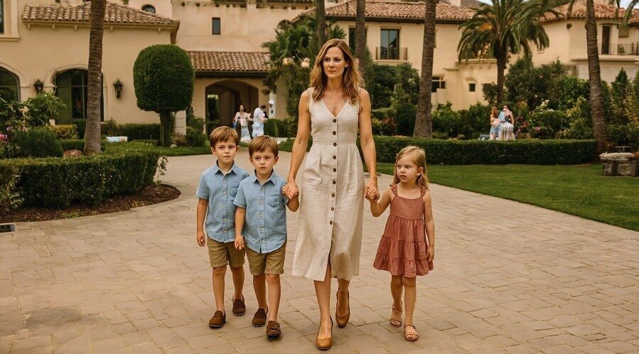 A woman stands tall and determined at the entrance of a lavish estate, her three children beside her, their expressions a mix of curiosity and resolve.