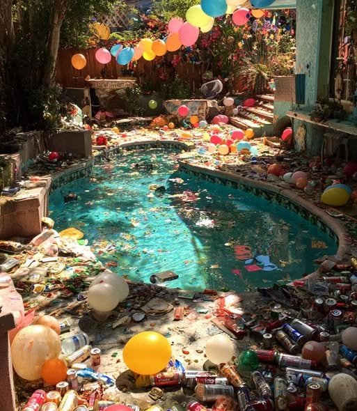A mother holds her newborn baby, her expression a mix of exhaustion and disbelief, as she looks out at a trashed backyard and damaged pool.