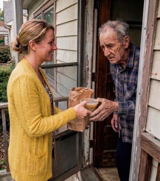 Single mother delivering homemade food to an elderly neighbor sitting alone in his house