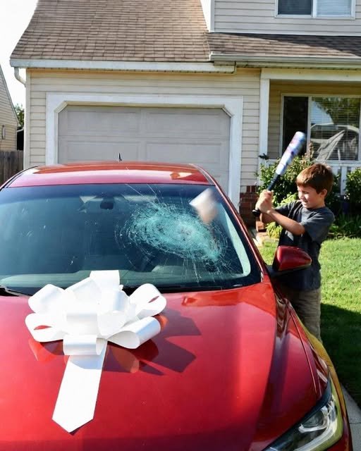 A woman stands in her driveway, her expression firm, as she looks at her damaged car with a baseball bat lying nearby, symbolizing the moment she decided to take action.