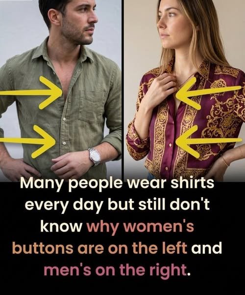 Close-up of men's and women's button-up shirts showing different button placements