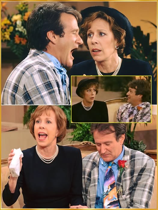 Robin Williams and Carol Burnett sit side by side in a funeral sketch, their expressions a mix of chaos and composure, symbolizing the legendary moment they created together.
