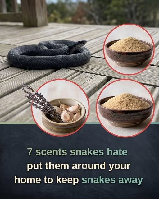 A garden scene with tall grass, a snake in the distance, and natural deterrents like cinnamon sticks, garlic, and citronella plants in the foreground, symbolizing safe and effective snake prevention.