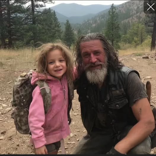 A rugged biker stands at the edge of a ravine, his expression determined, as he looks down at a purple backpack and small handprints on the rocks, symbolizing the moment he spotted the missing girl.