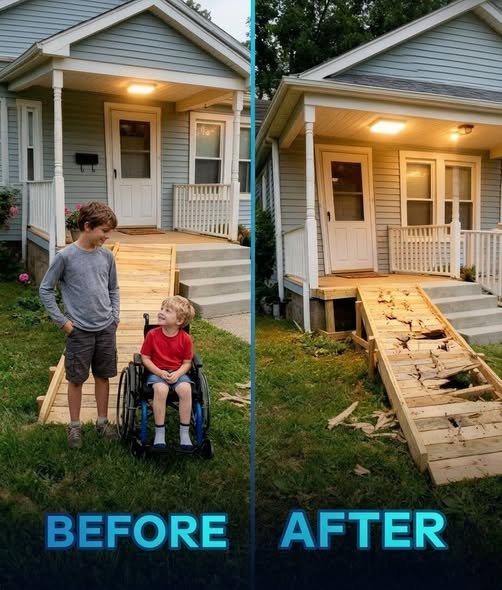 A handmade wheelchair ramp built outside a home, symbolizing accessibility, community effort, and emotional impact after its destruction and rebuilding.