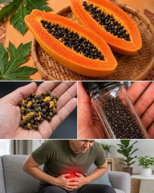 "Close-up of papaya seeds on a wooden spoon, highlighting their potential health benefits and nutritional value."