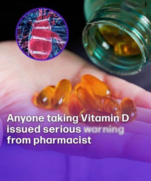 "A bottle of vitamin D supplements with a warning label, symbolizing the risks of excessive intake."
