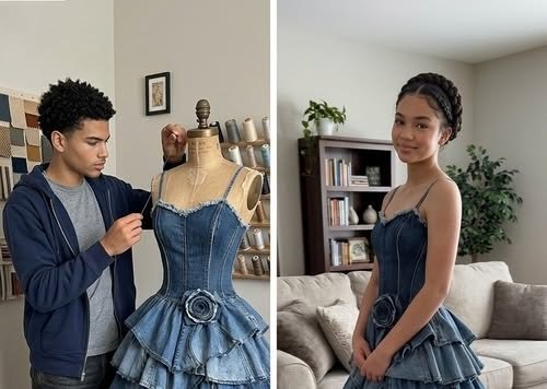 Teen girl wearing a handmade prom dress crafted from denim jeans while standing proudly beside her younger brother.