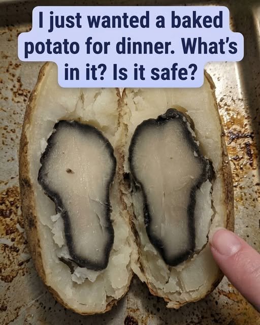 "A cut-open potato revealing black rings inside, contrasting with its normal exterior, symbolizing natural discoloration."
