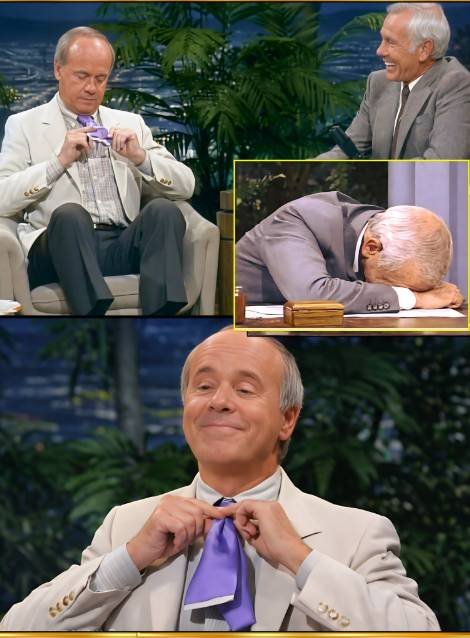 Tim Conway sits beside Johnny Carson on The Tonight Show, his expression calm and deadpan, as Carson doubles over with laughter, his face red and eyes watering.